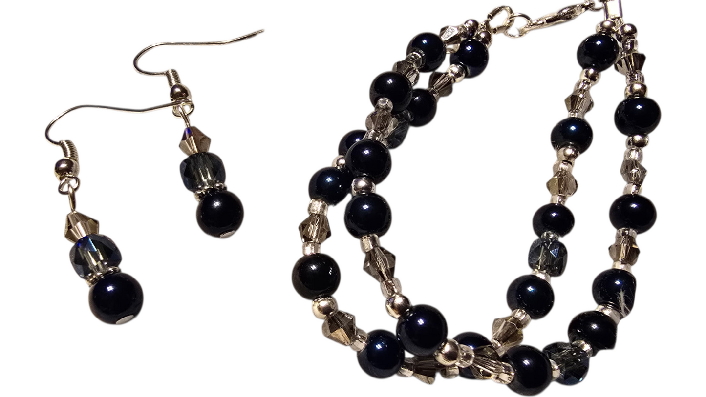 Handmade Bracelet and Earring Set, Navy & Silver Crystal, 7"