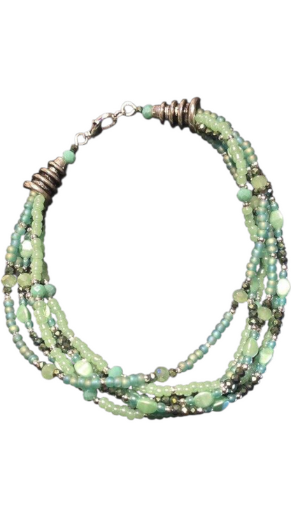 Handmade Beaded Bracelet, 6-Strand - Mint and Light Green, 9"