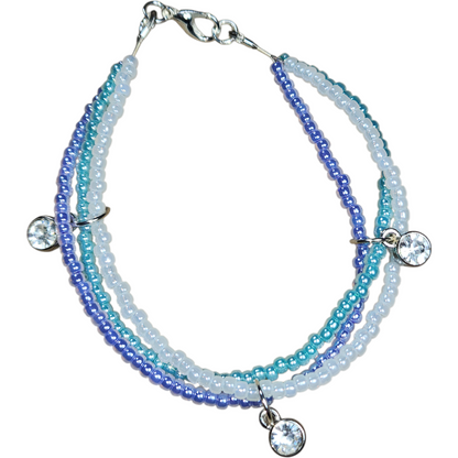 Handmade Beaded Bracelet, 3-Strand - Mint, White, Lilac, 7"