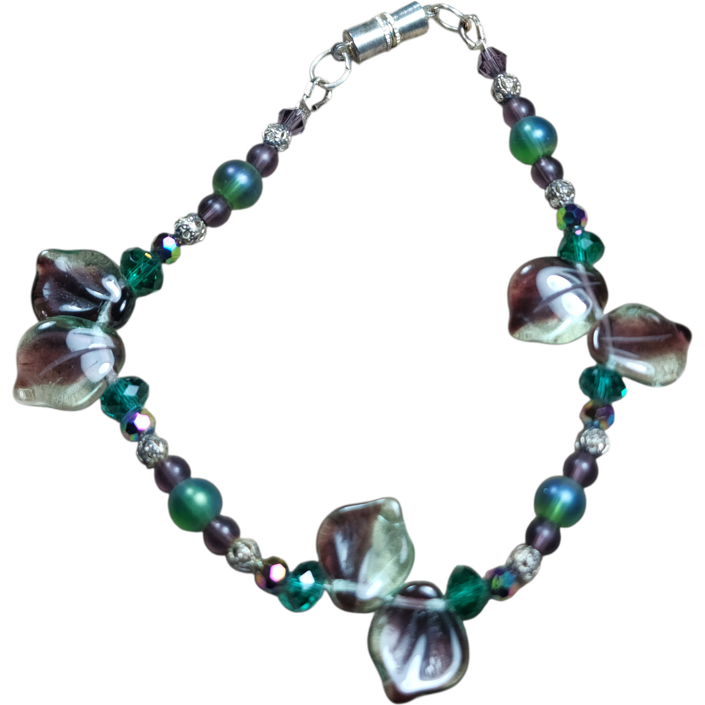 Handmade Beaded Bracelet - Purple & Green Leaves, 8"