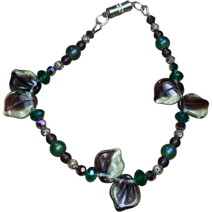 Handmade Beaded Bracelet - Purple & Green Leaves, 8"