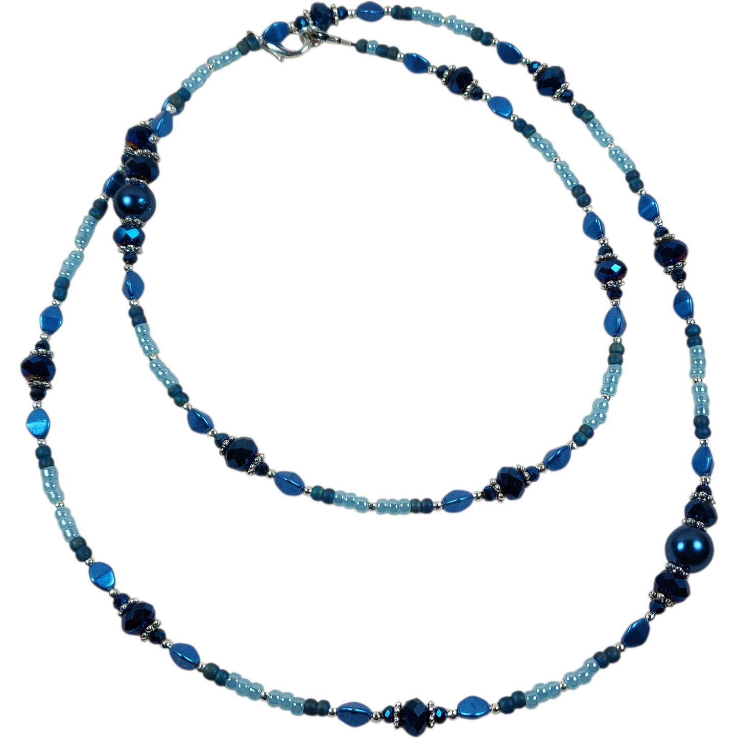 Handmade Beaded Necklace - Royal Blue with Crystal, 26"