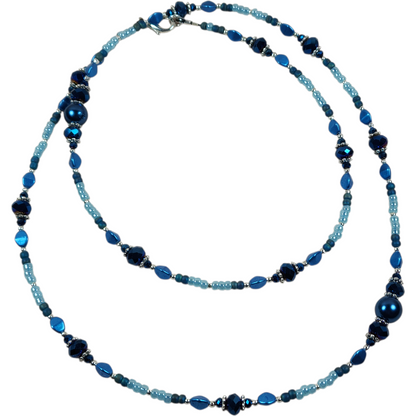 Handmade Beaded Necklace - Royal Blue with Crystal, 26"