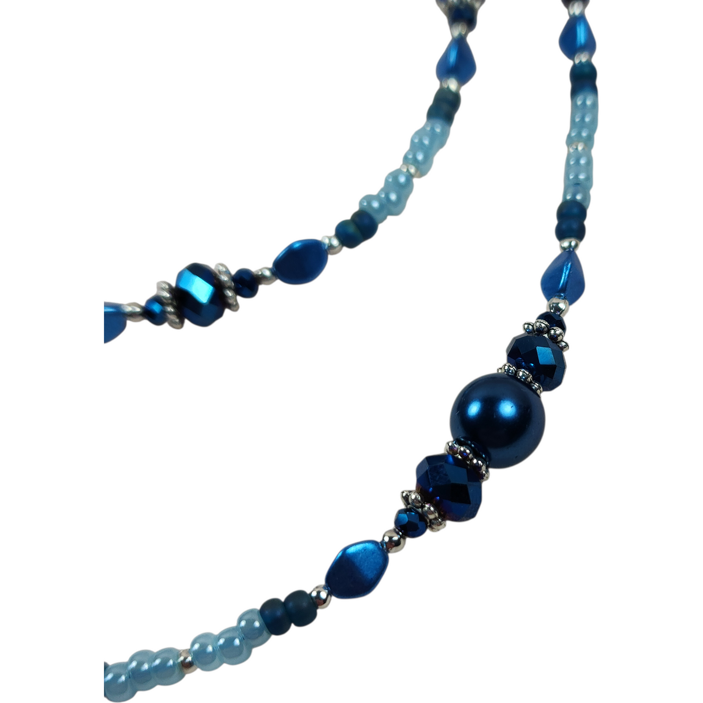 Handmade Beaded Necklace - Royal Blue with Crystal, 26"