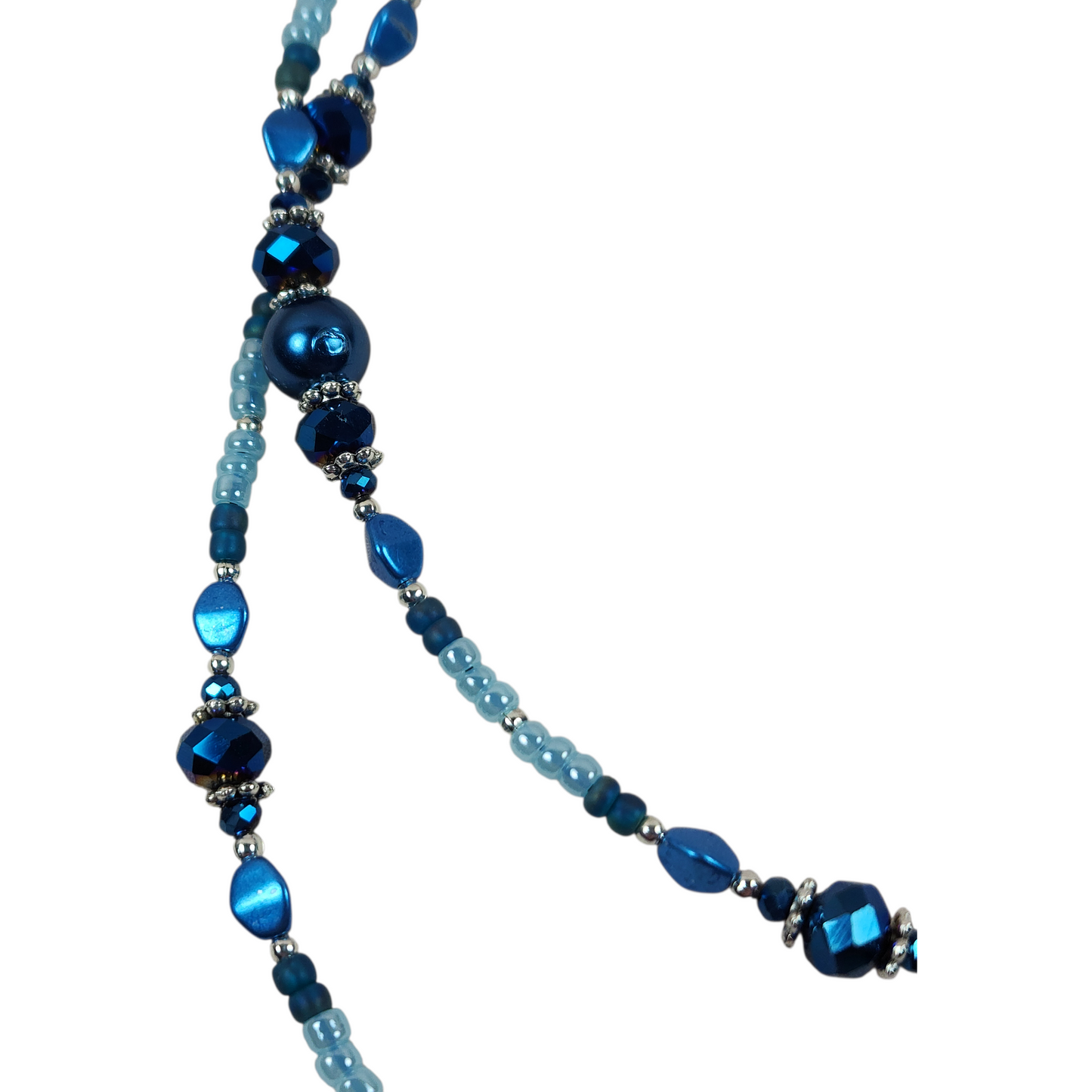 Handmade Beaded Necklace - Royal Blue with Crystal, 26"