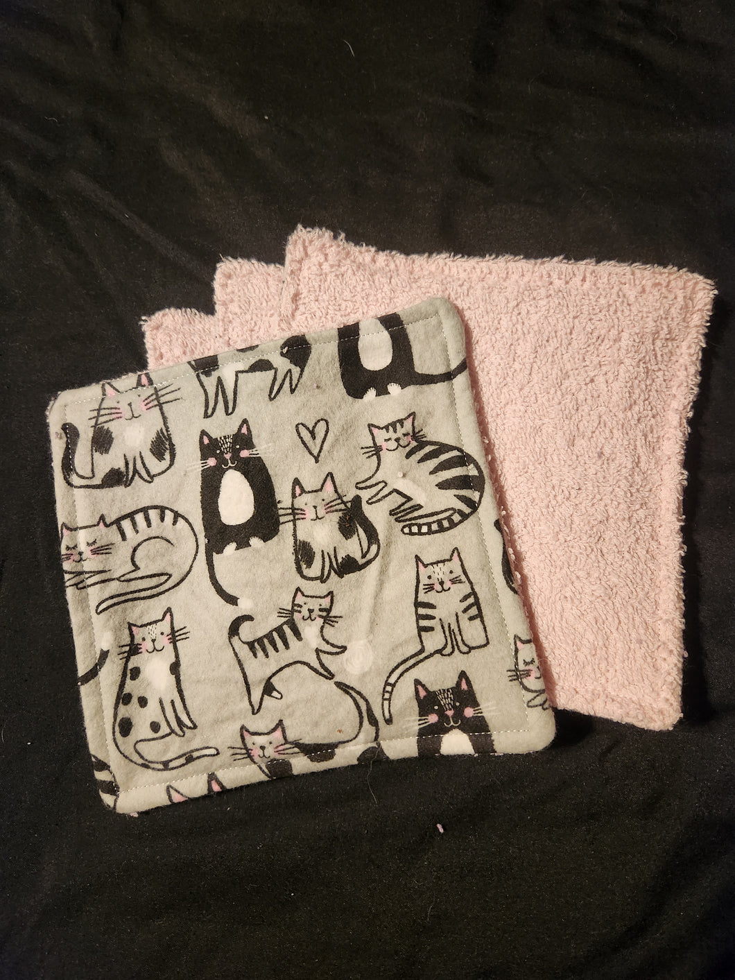 Wash Cloth - Small - 4 Pack - Cats, Black on Grey Flannel::Pink Terry Cloth
