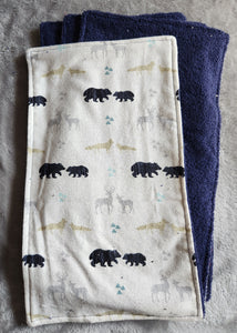 Burp Cloth - 4 Pack - Grey Terry Cloth - Woodland Animals, Navy Ivory and Grey on White Flannel::Navy Terry Cloth