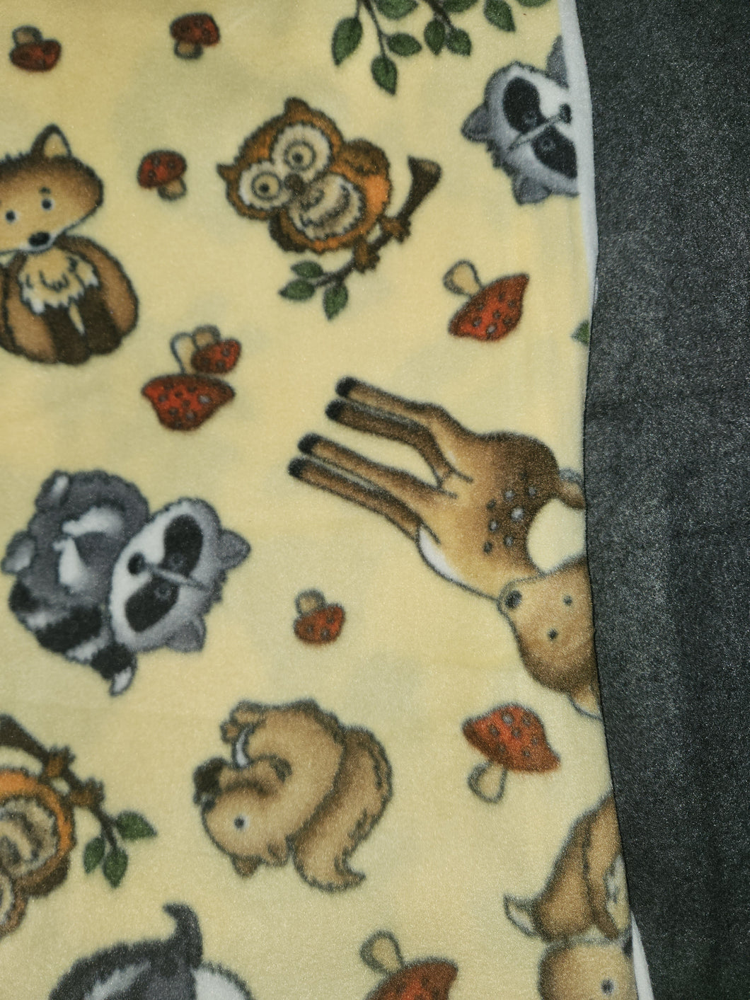 Throw Blanket - Woodland Animals on Light Yellow Fleece::Dark Grey Fleece