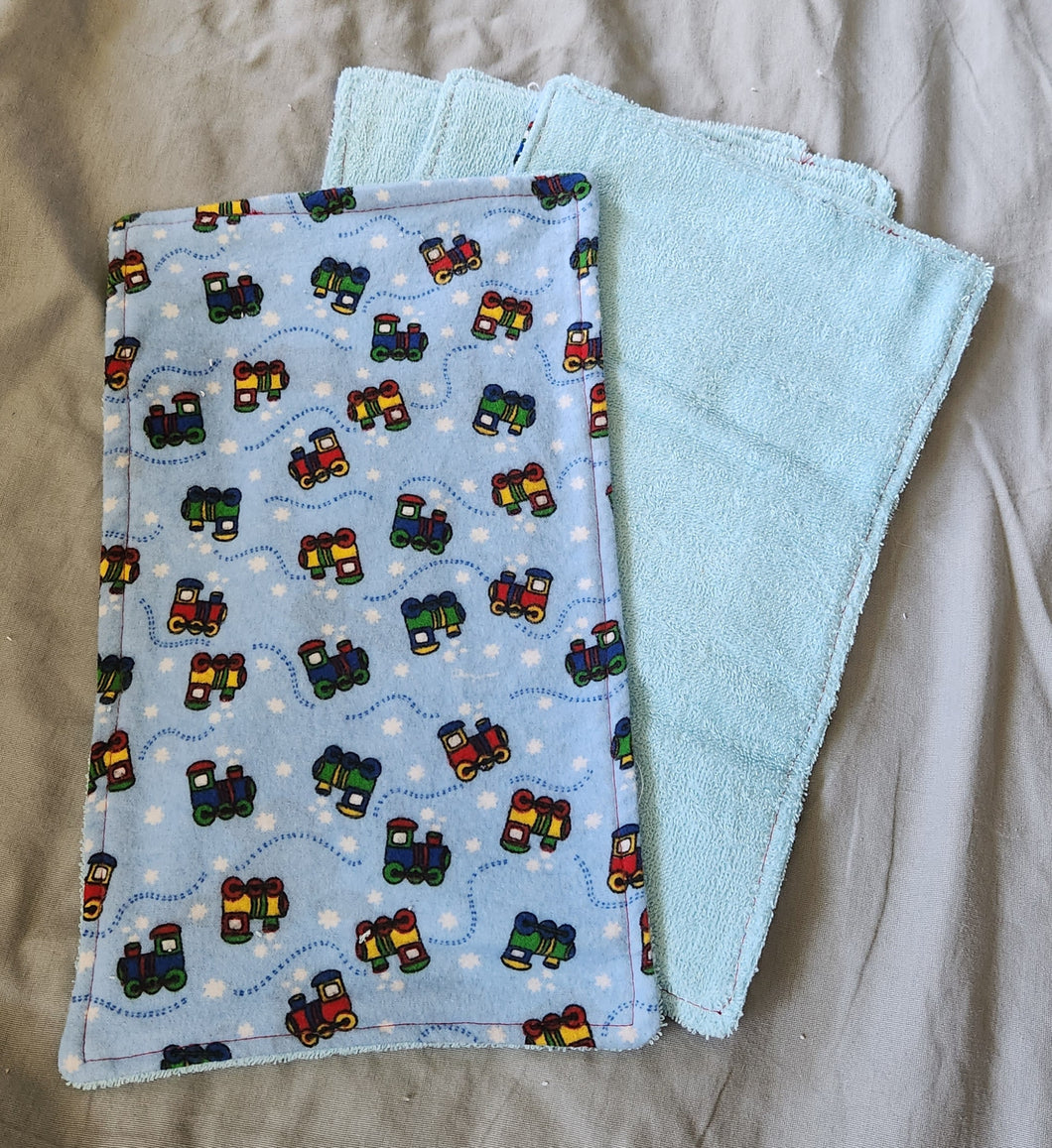 Burp Cloth - 4 Pack - Trains, Primary Colors on Light Blue Flannel::Light Blue Terry Cloth