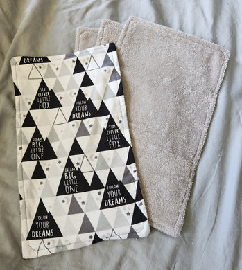 Burp Cloth - 4 Pack - Whimsical Quotes, Mountains Greyscale Flannel::Grey Terry Cloth