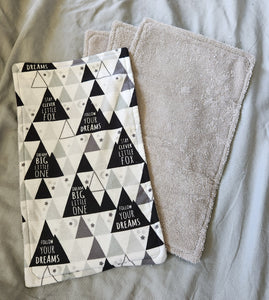 Burp Cloth - 4 Pack - Whimsical Quotes, Mountains Greyscale Flannel::Grey Terry Cloth