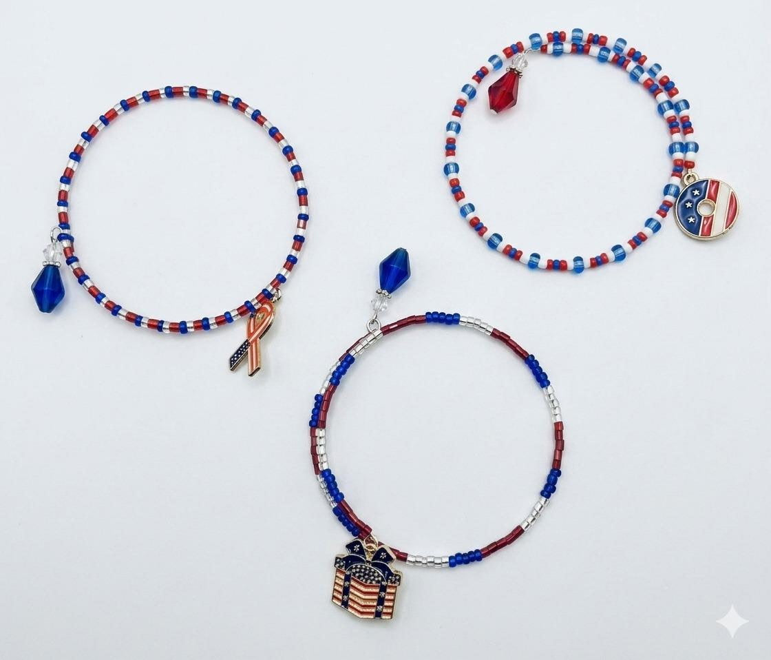 Bracelet, Memory Wire Beaded Bangle - Mixed Glass & Seed Beads with Enamel Charms - Red, White & Blue 'Patriotic'