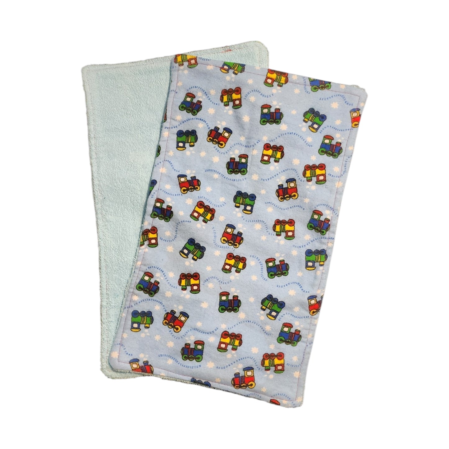 Baby Burp Cloth Pair - Trains, Primary Colors on Light Blue