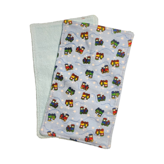 Baby Burp Cloth Pair - Trains, Primary Colors on Light Blue