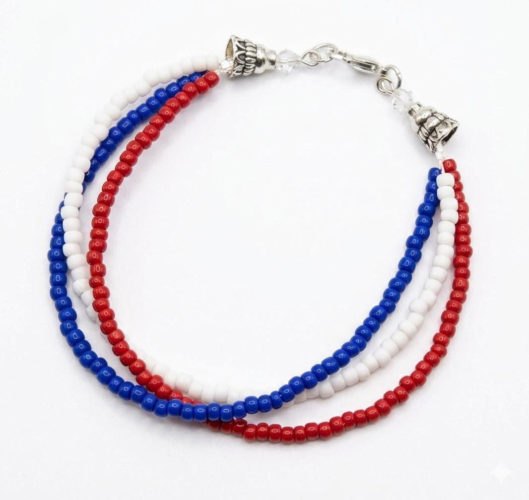 Handmade Beaded Bracelet, 3-Strand Seed Beads - Red, White & Blue 'Patriotic'