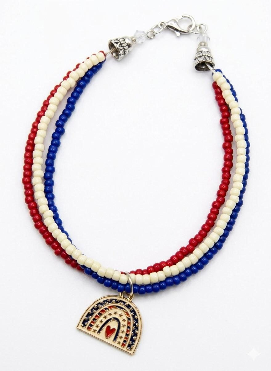 Handmade Beaded Bracelet, 3-Strand Seed Beads - Red, White & Blue 'Patriotic'