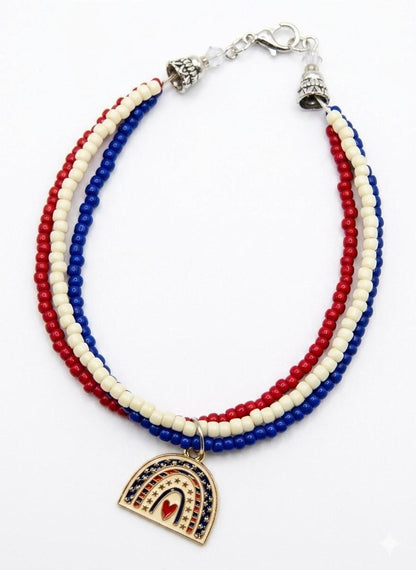 Handmade Beaded Bracelet, 3-Strand Seed Beads - Red, White & Blue 'Patriotic'