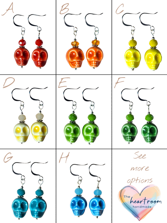 Handmade Beaded Earrings, Colorful Large Skulls with Crystal - Assorted Colors