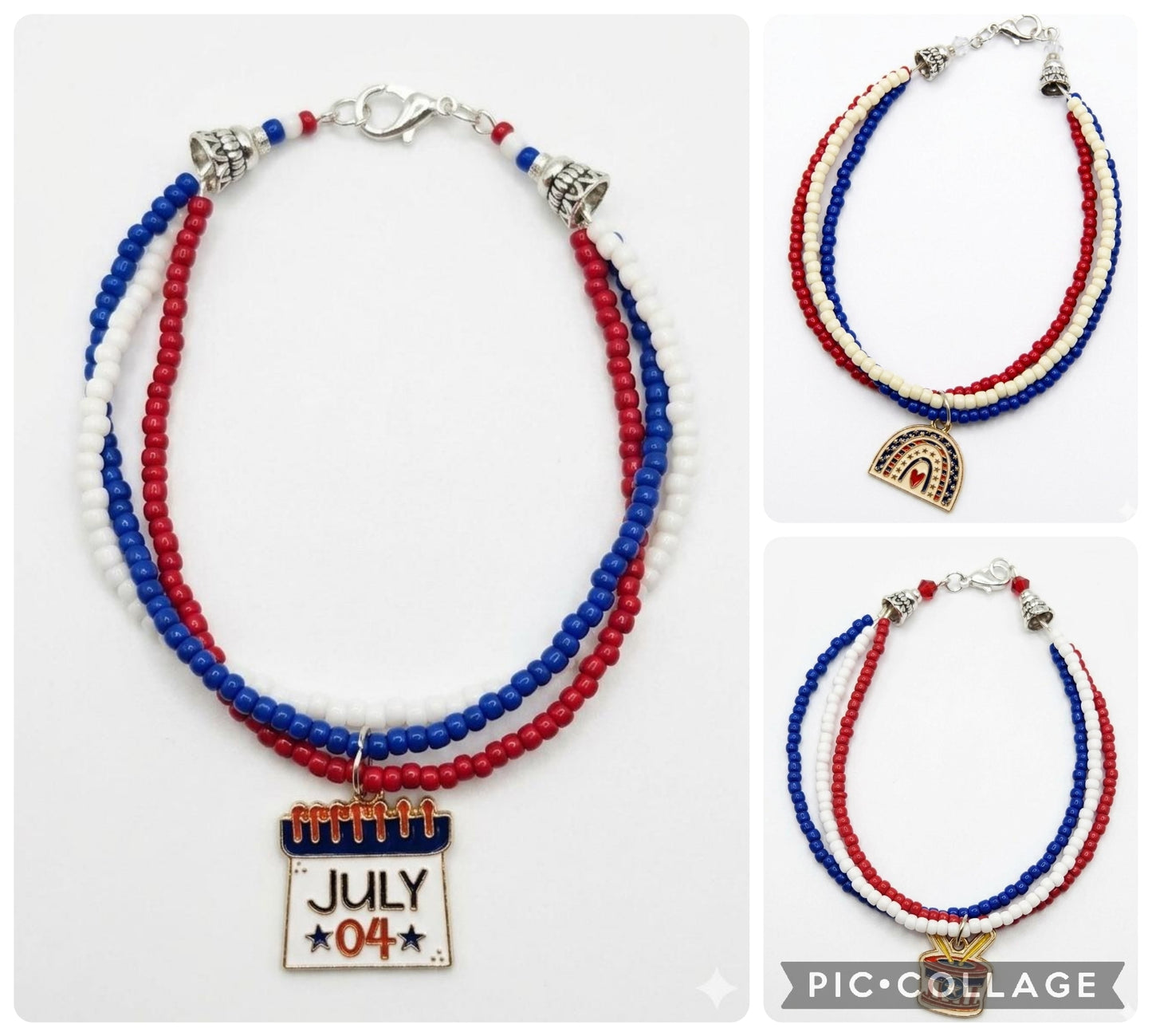 Handmade Beaded Bracelet, 3-Strand Seed Beads - Red, White & Blue 'Patriotic'