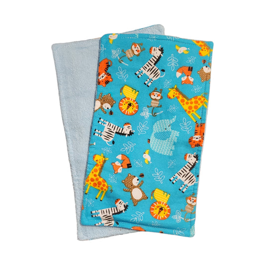 Baby Burp Cloth Pair - Zoo Animals on Turquoise Flannel