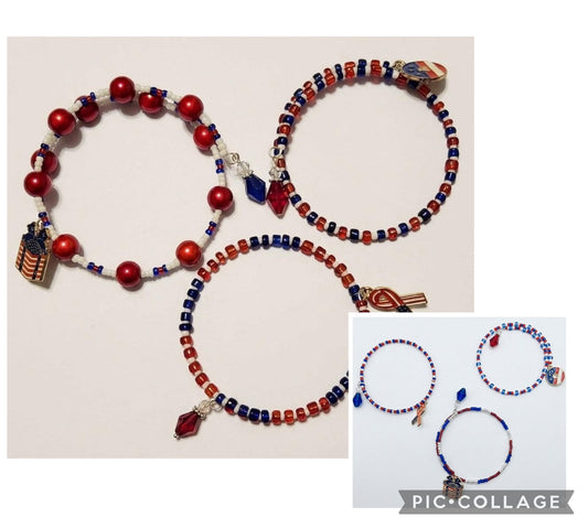 Bracelet, Memory Wire Beaded Bangle - Mixed Glass & Seed Beads with Enamel Charms - Red, White & Blue 'Patriotic'