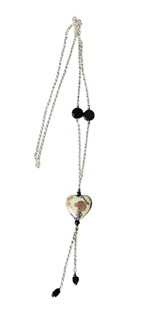 Handmade Beaded Necklace, Long - Rainbow Heart w/ Dangles