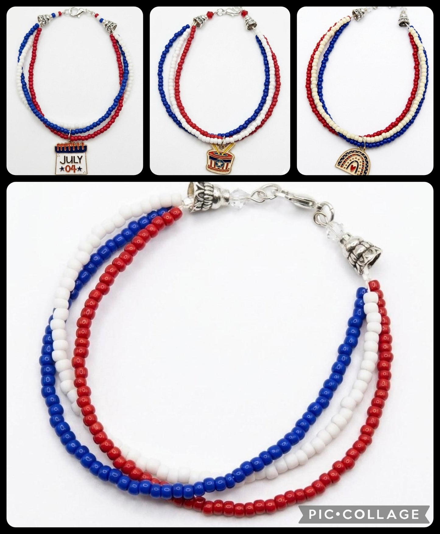 Handmade Beaded Bracelet, 3-Strand Seed Beads - Red, White & Blue 'Patriotic'