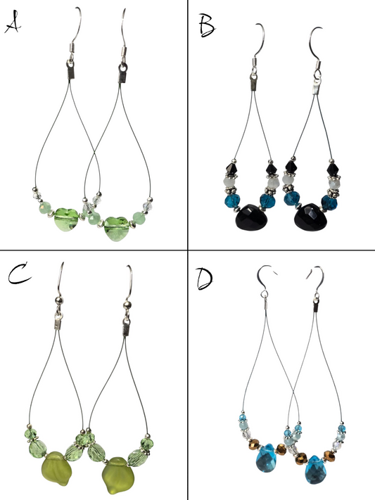 Handmade Earrings, Wire Teardrop Dangle - Assorted Crystal Designs