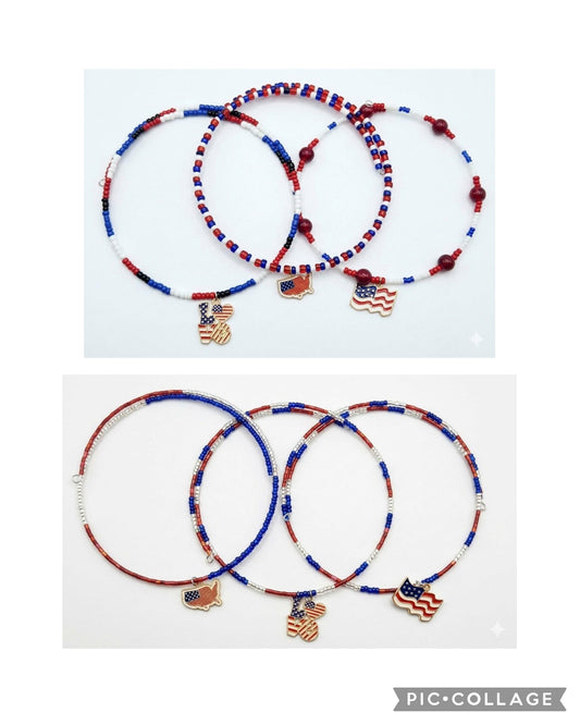 Handmade Necklace, Memory Wire Choker - Assorted Enamel Charm & Seed Beads - Red, White & Blue 'Patriotic'
