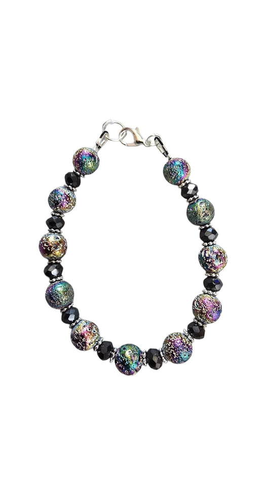 Handmade Beaded Bracelet, Oil Slick & Crystal