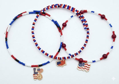 Handmade Necklace, Memory Wire Choker - Assorted Enamel Charm & Seed Beads - Red, White & Blue 'Patriotic'