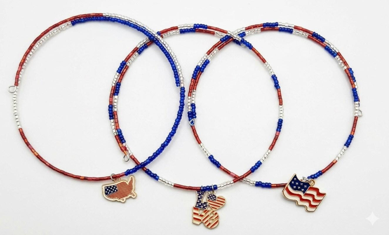 Handmade Necklace, Memory Wire Choker - Assorted Enamel Charm & Seed Beads - Red, White & Blue 'Patriotic'