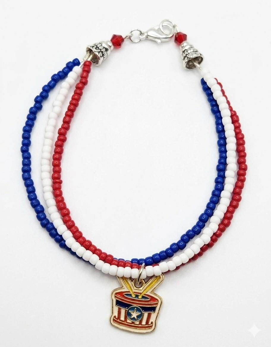 Handmade Beaded Bracelet, 3-Strand Seed Beads - Red, White & Blue 'Patriotic'