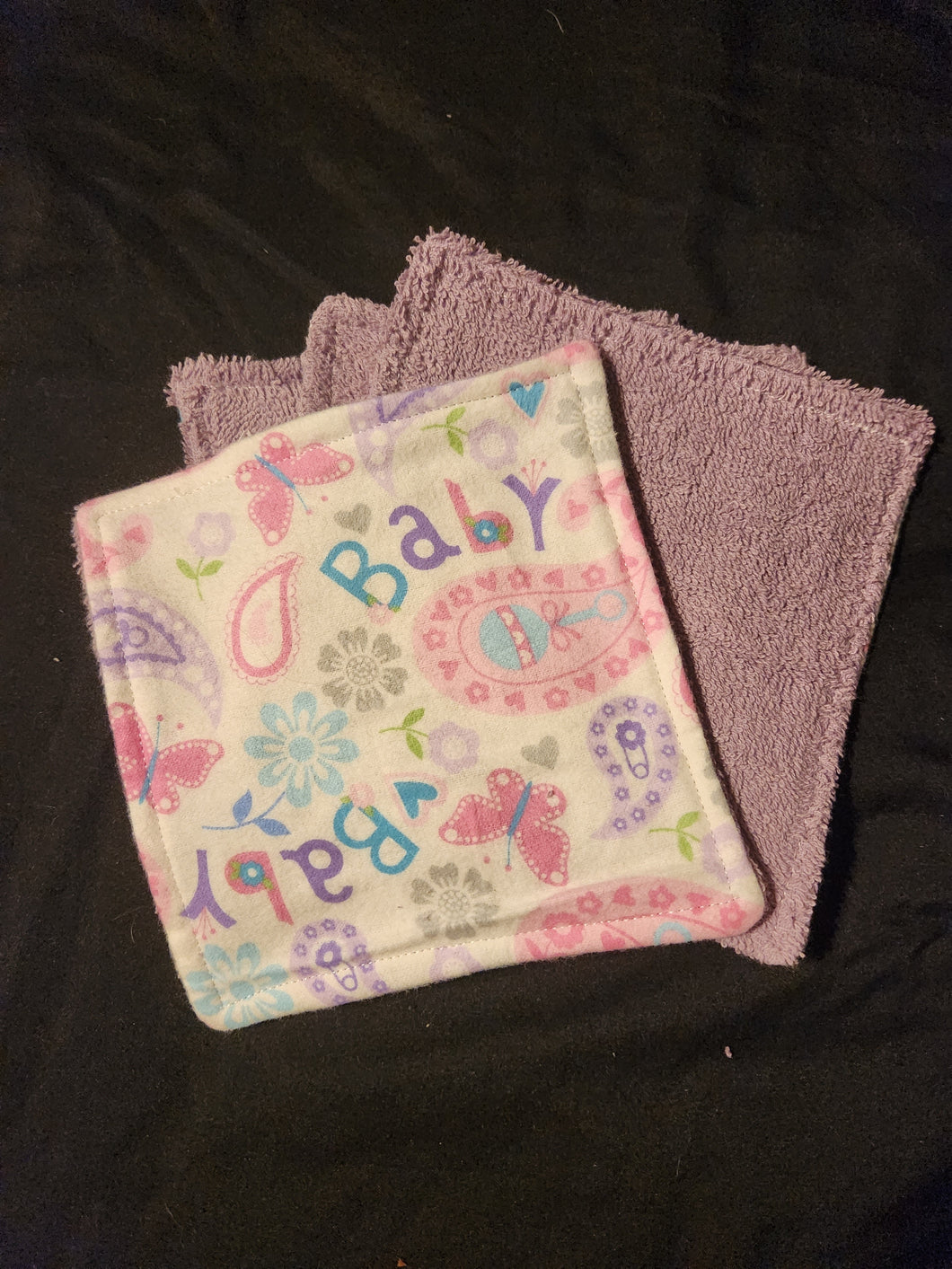 Wash Cloth - Small - 4 Pack - Baby, Paisley Pastels on White Flannel::Purple Terry Cloth