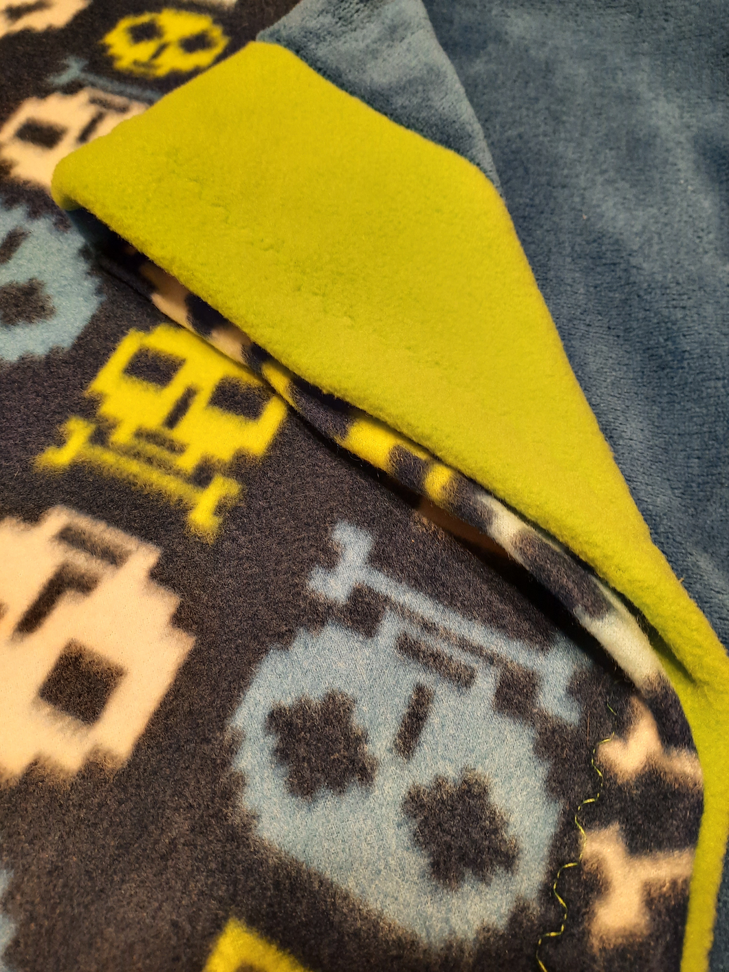 Pillowcase - Skulls, Pixelated on Blue Fleece::Blue Ultra Cuddle w/Lime Green Fleece