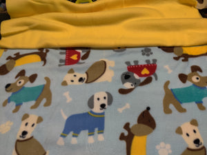 Medium Dog Bed - Dogs Wearing Jackets on Lt Blue Fleece::Yellow Fleece