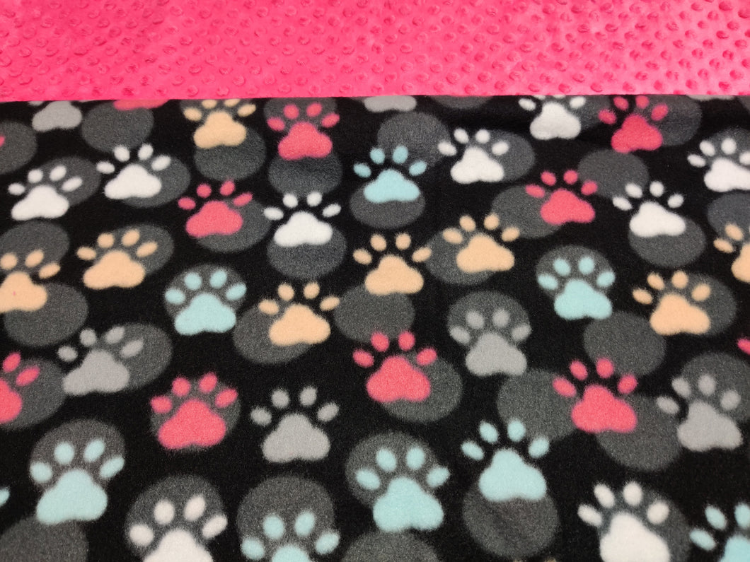 Large Pet Bed - Pawprints, Colorful on Black Fleece::Hot Pink Bumpy