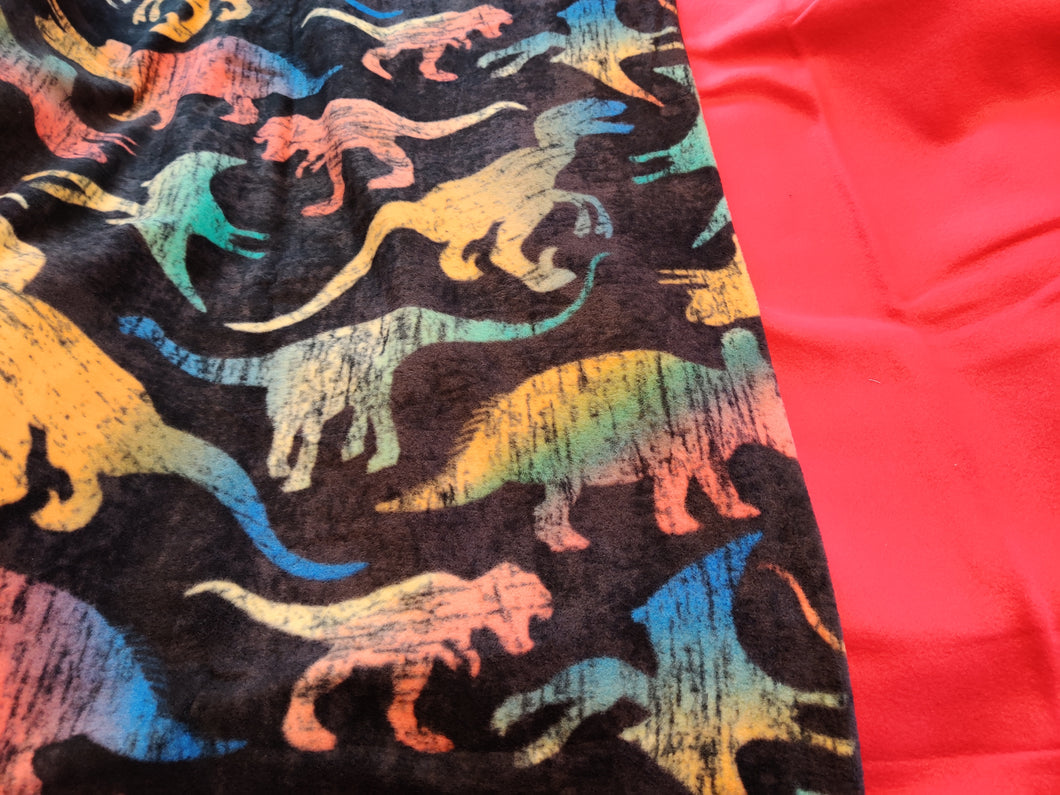 Throw Blanket - Dinosaur, Rainbow Blend on Black Fleece::Red Fleece