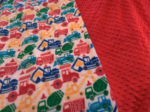 Throw Blanket - Trucks, Constructions Road Crew in Primary Colors on White Fleece::Red Bumpy