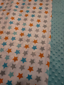 Baby Blanket - Stars, Aqua, Orange on White Minky::Aqua Bumpy