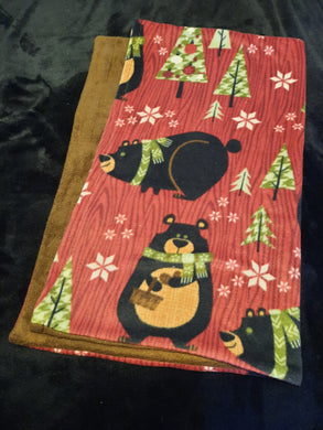 Pillowcase - Bears, Winter Theme on Burgundy Wood Fleece::Brown Fleece