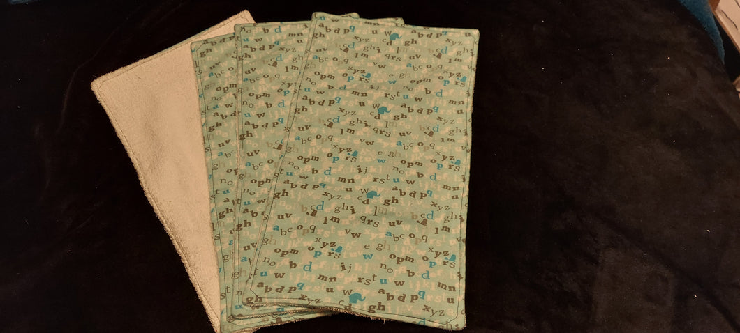 Burp Cloth - 4 Pack - ABC's & Animals on Mint Flannel::White Terry Cloth