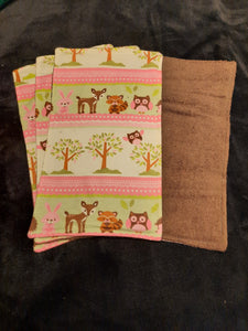 Burp Cloth - 4 Pack - Woodland Critters and Trees Stripes Flannel::Brown Terry Cloth