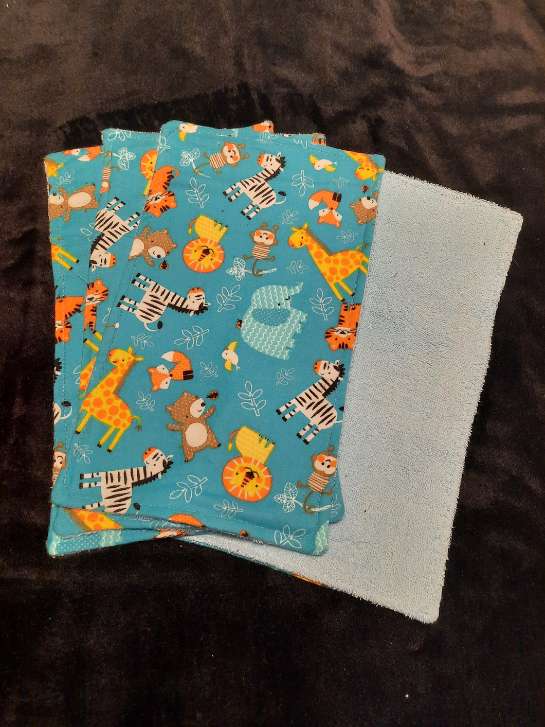 Burp Cloth - 4 Pack - Zoo Critters on Turquoise Flannel::Light Blue Terry Cloth
