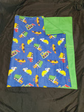Pillowcase - Construction Vehicles on Royal Blue Flannel::Kelly Green Flannel
