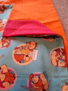 Licensed Pillowcase - Disney's Hercules Character Bubbles on Aqua Cotton::Orange Cotton w/Hot Pink Cotton