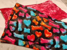 Small Dog Bed - Bones & Hearts, Rainbow on Black Fleece::Hot Pink Marble Fleece