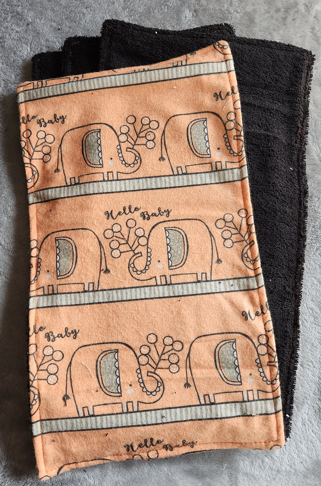 Burp Cloth - 4 Pack - Elephants, Hello Baby on Orange Flannel::Black Terry Cloth