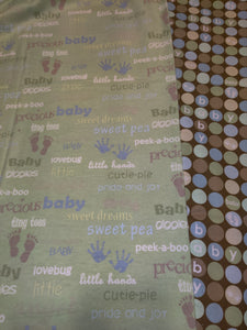 Receiving Blanket - Baby Phrases, Brown & Blue on Green Flannel::Baby Polka Dots, Blue & Green on Brown Cotton