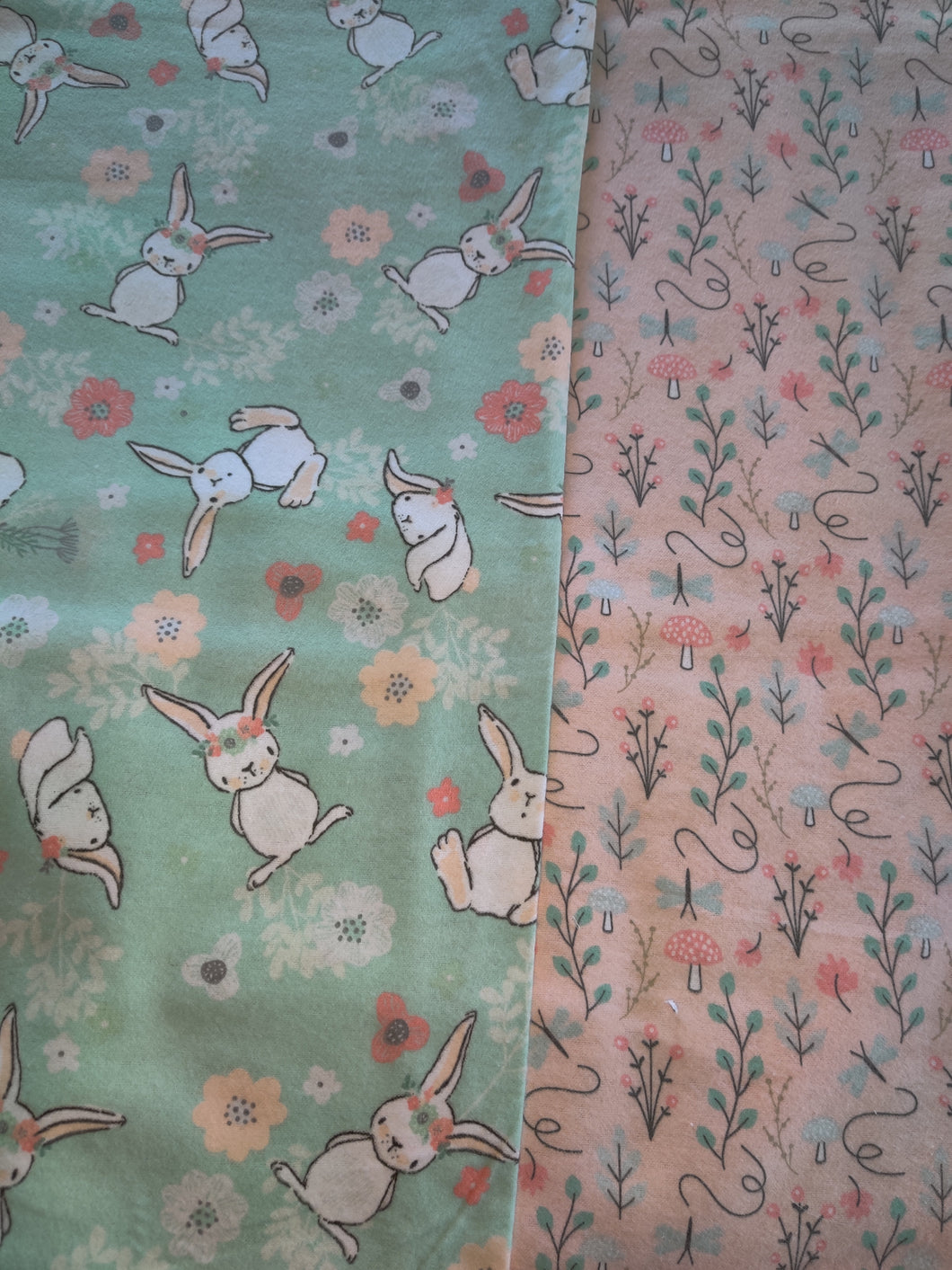Receiving Blanket - Bunnies, Mint Green Flannel::Flowers & Mushrooms Salmon Pink Flannel